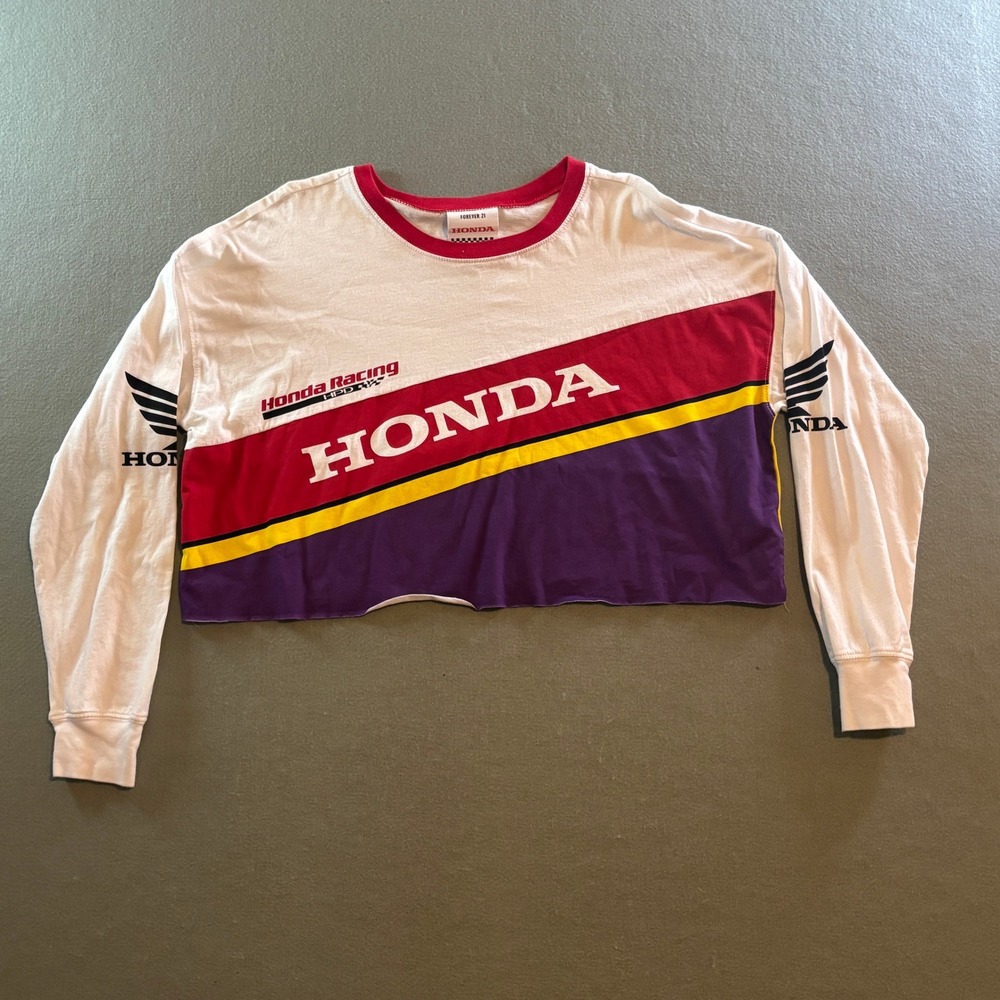 Forever 21 Honda Racing Long Sleeve Crop Top Womens S White Red Purple BikerCore